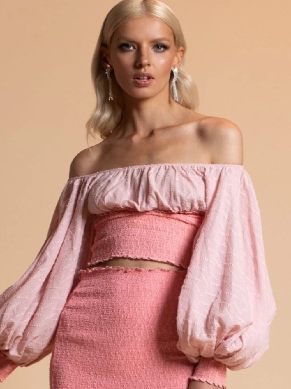 CHIO di Stefania D Blush Pink Off-Shoulder Puff Sleeve Two-Piece Set